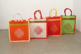 Jute Bags with Contrast kolam Print for Return Gifts Thamboolam Bags Wedding Gifts Lunch Bag Multicolor 10*9*4 inches Gifts